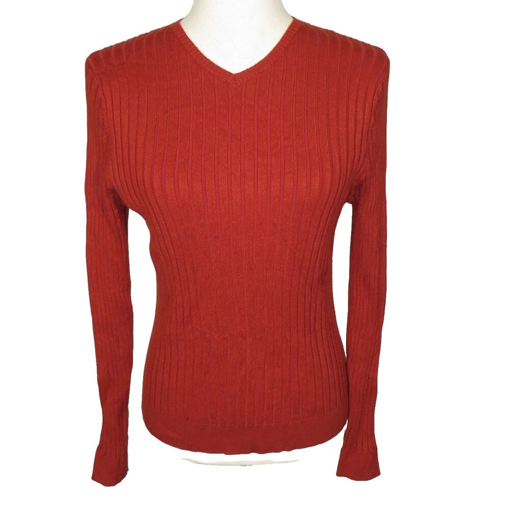 Cinnamon Soft Knit Wide Rib Fitted Long Sleeve V Neck Top Burnt Rust Size Medium